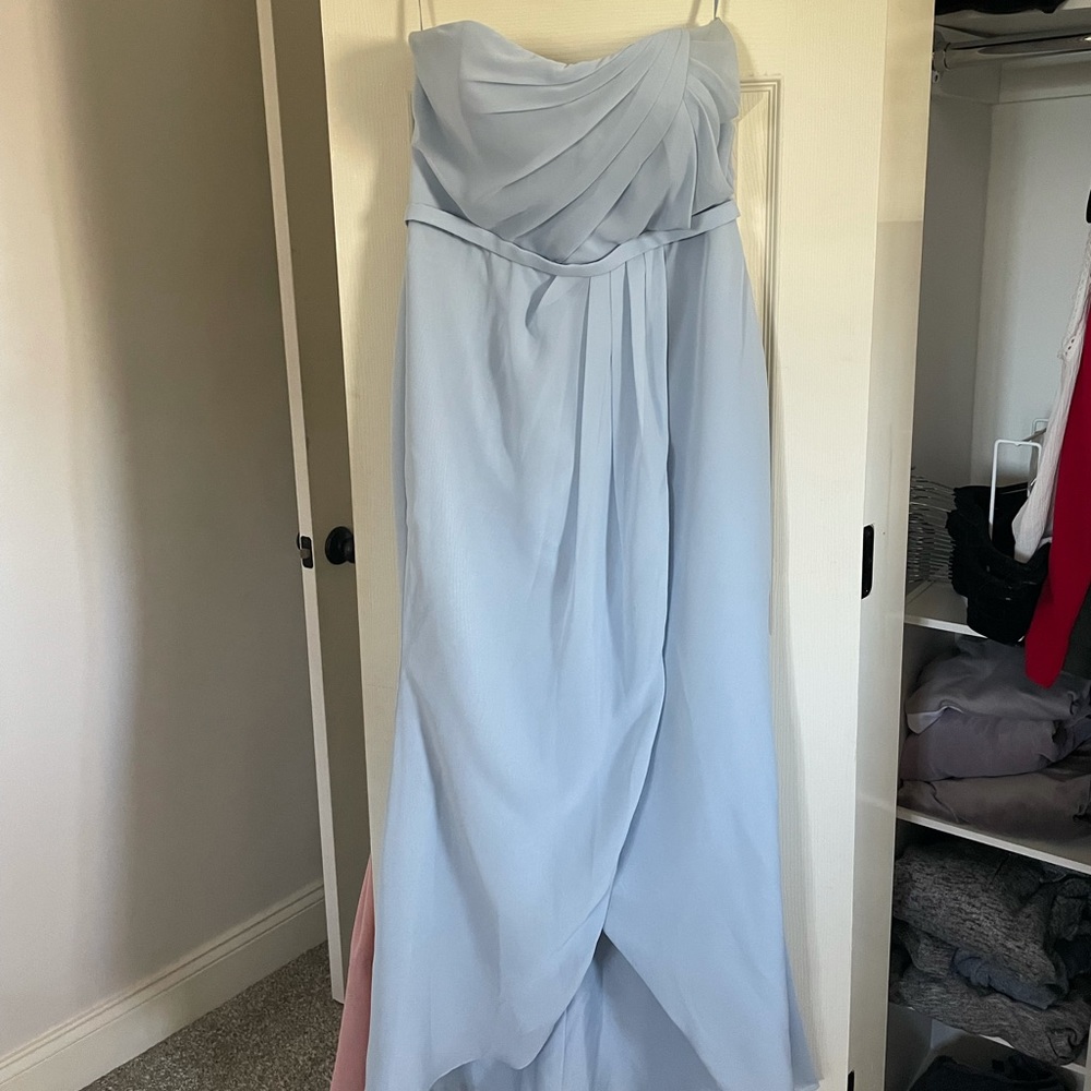Strapless light blue bridesmaid dress